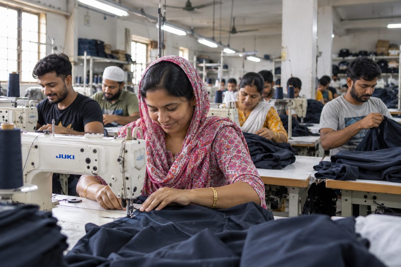 Women and men stitching garments side by side on the sewing floor