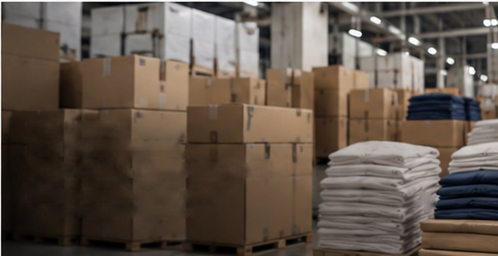Packed cartons and stacks of folded t-shirts in a warehouse