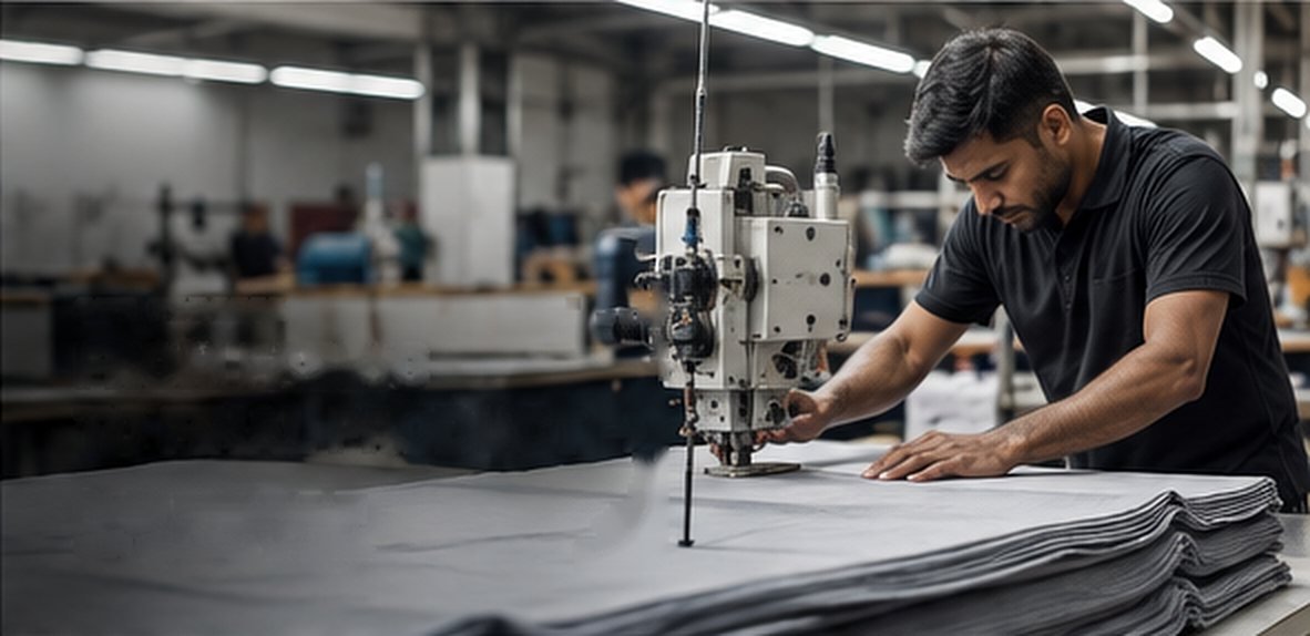 An operator cutting through layered fabric on the factory floor