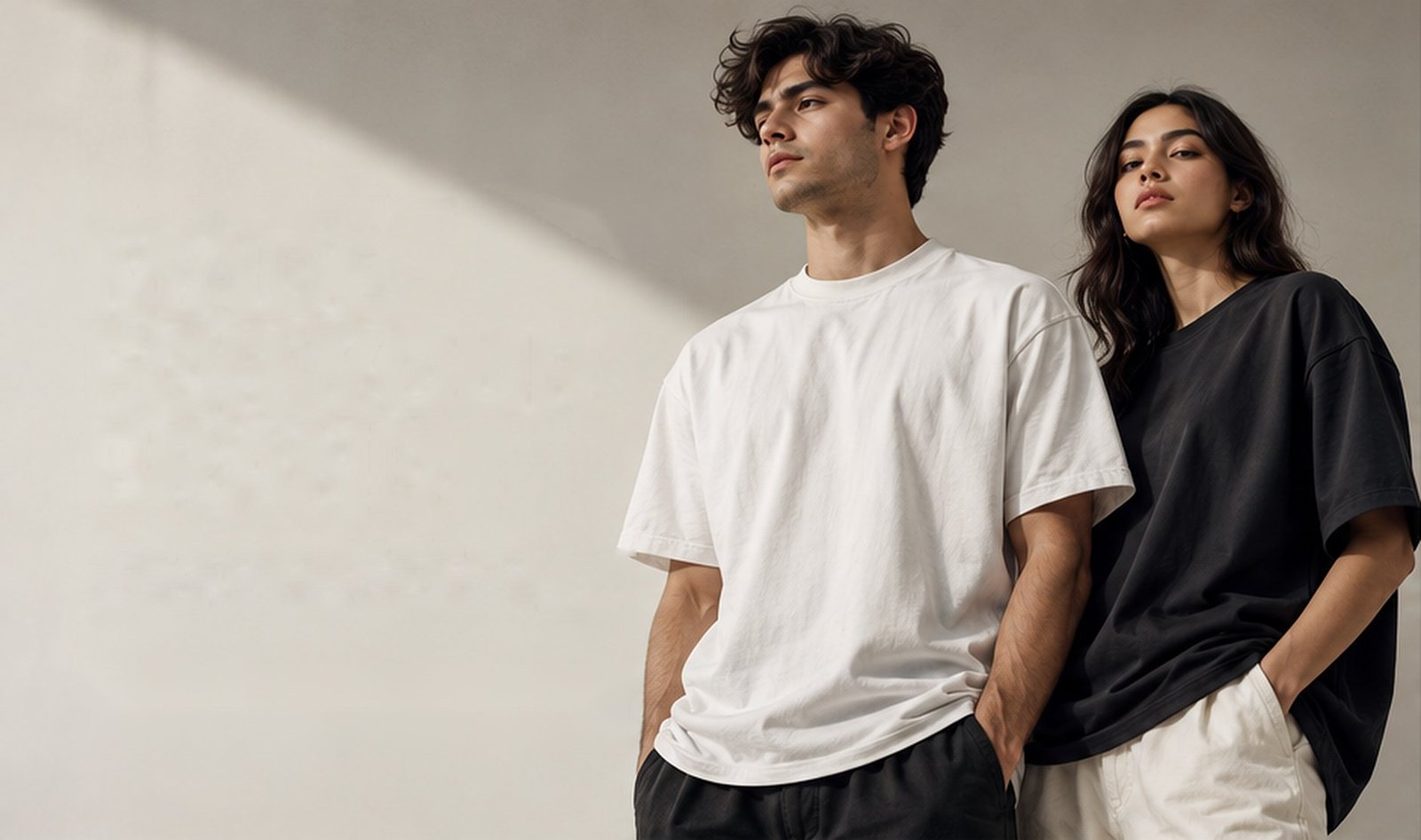 Two models wearing a white and a black heavyweight t-shirt