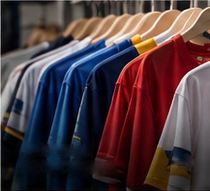 Sports t-shirts in blue, red and white on a rack