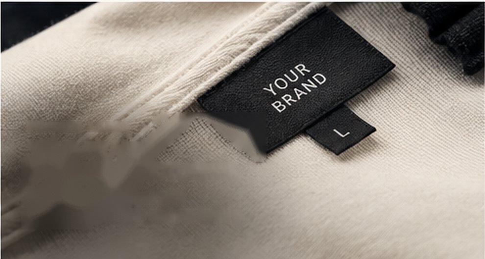 A black 'Your Brand' neck label stitched into a cream t-shirt