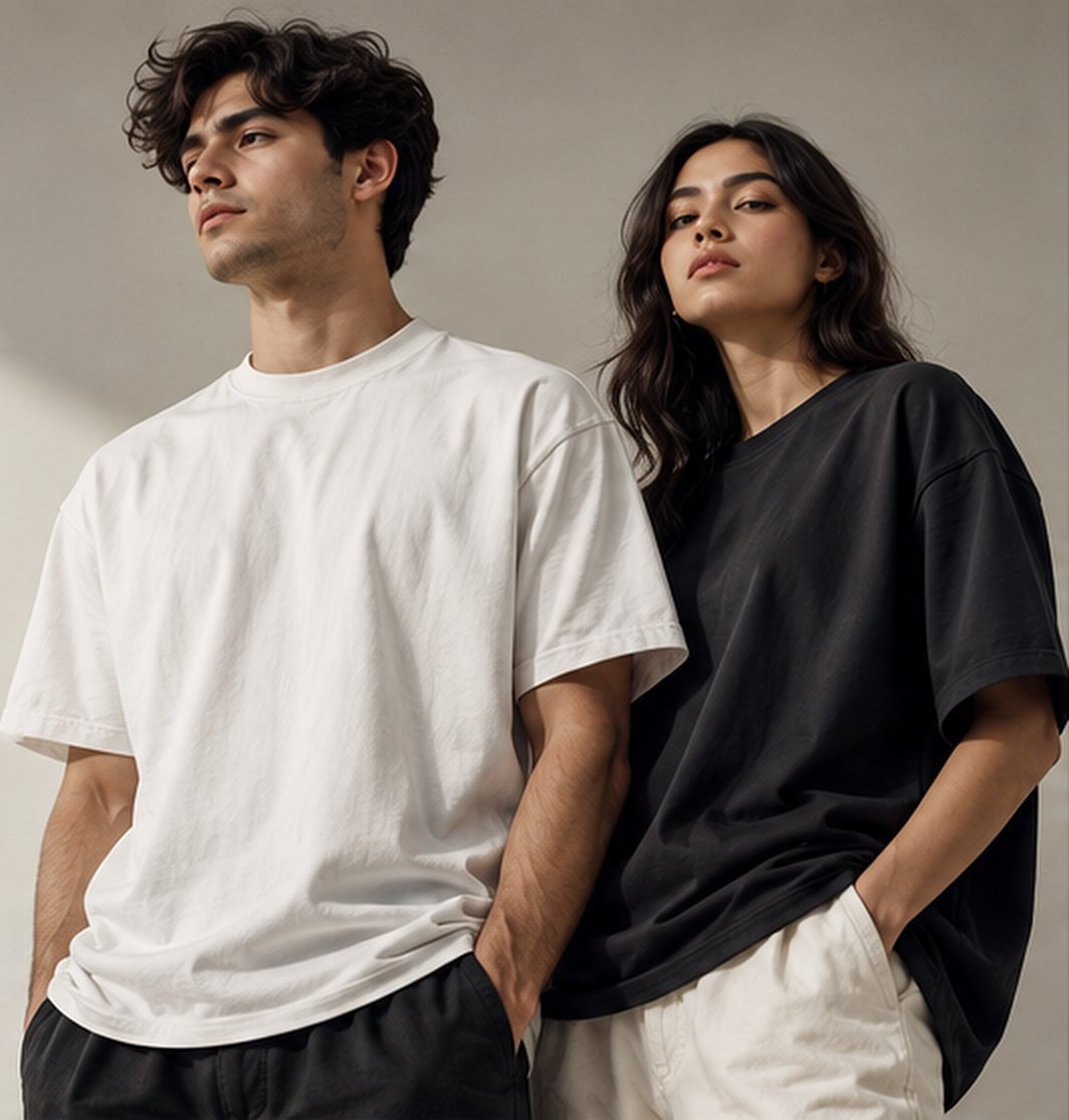 Two models wearing a white and a black heavyweight t-shirt
