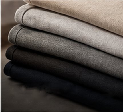Stacked folded garments in cream, grey and charcoal