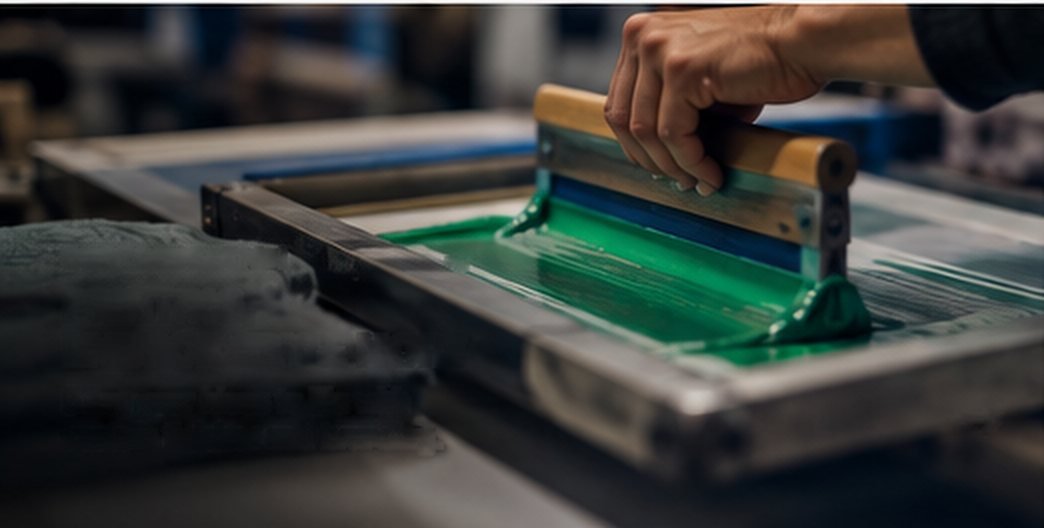 Screen printing a garment with green ink