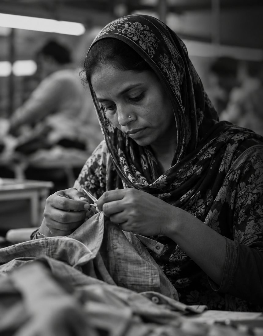 Alo Bibi finishing a garment in the stitching unit