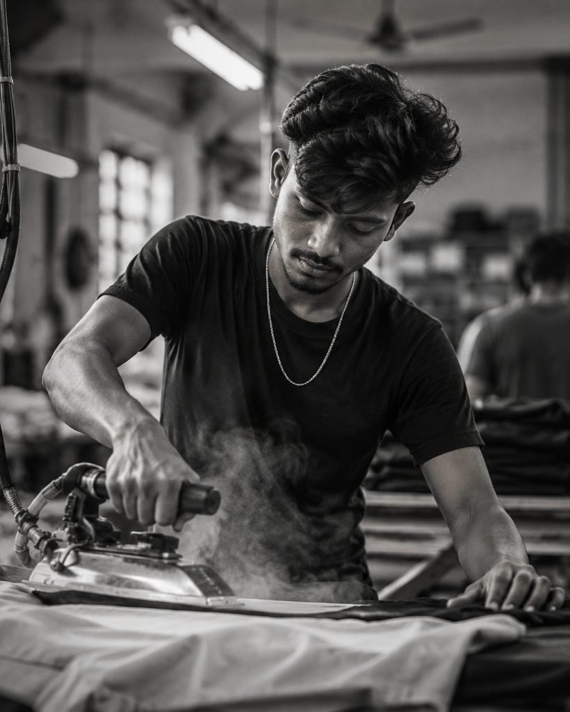 Bapon pressing a garment with a steam iron