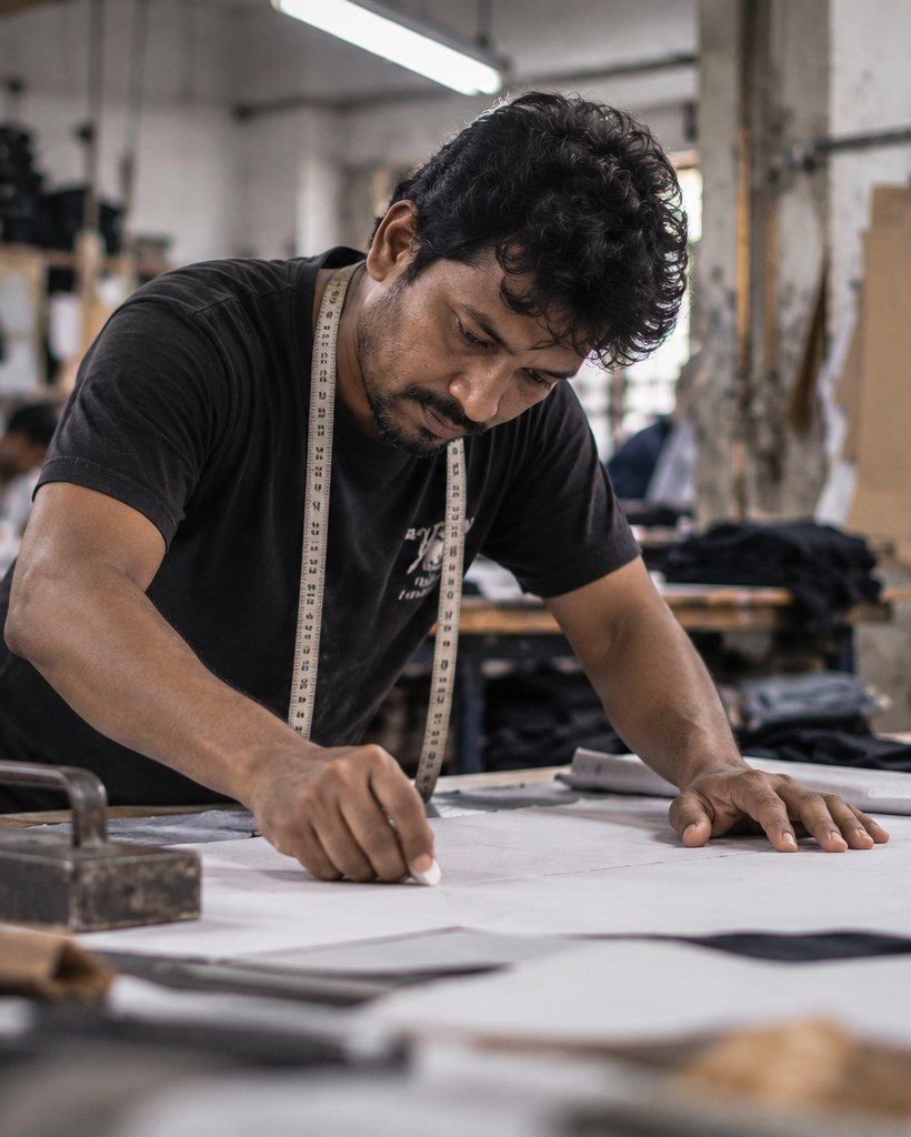 Jahir marking a pattern with chalk on the cutting table