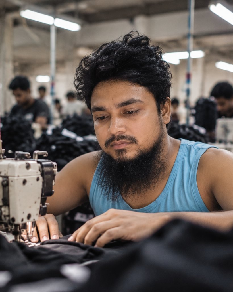 Rahamatulla Gaji stitching a garment on a lock machine