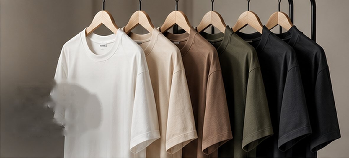 T-shirts in white, cream, brown, olive and black on hangers
